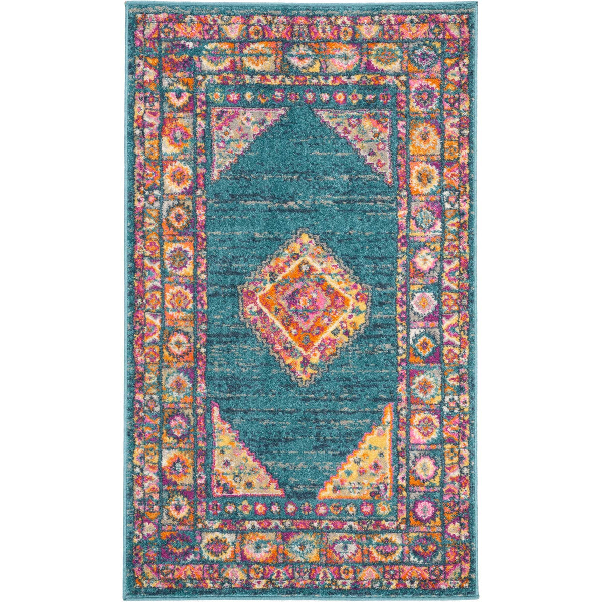 Light blue rug features an orange and pink diamond medallion and layered floral borders || MAD133A-5 || top_studio