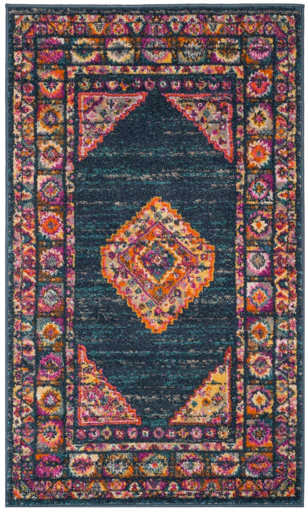 Blue rug features a jewel-toned diamond medallion and densely patterned floral borders