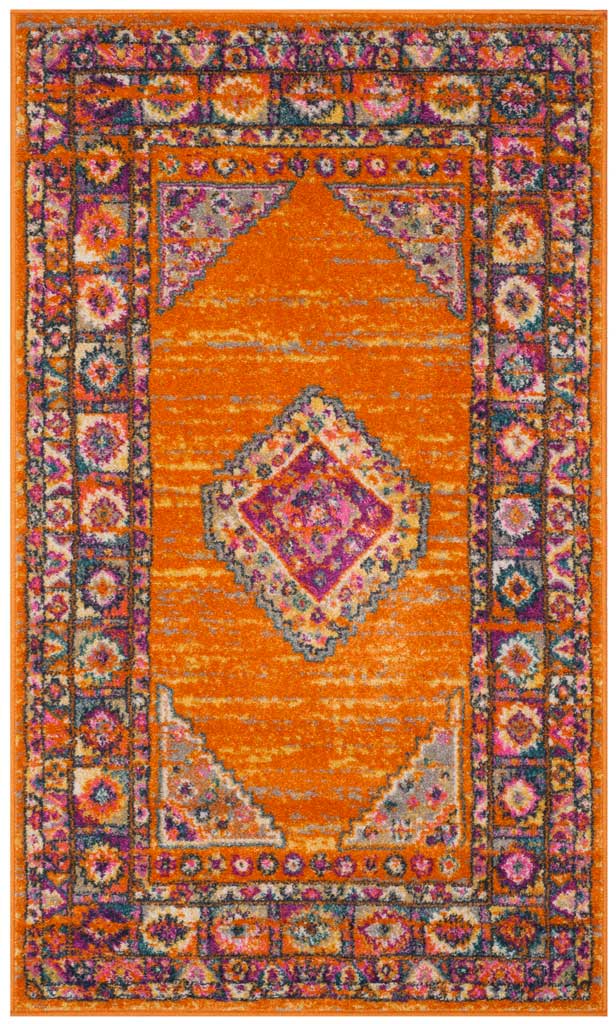 Compact orange rug pairs a jewel-toned diamond medallion with floral and geometric borders