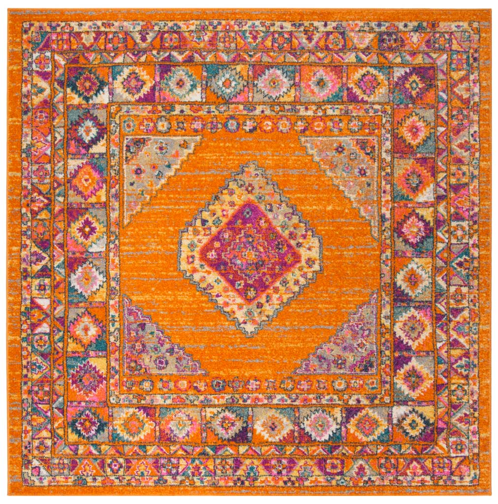 Square orange rug surrounds its bright fuchsia centerpiece with intricate multicolored borders