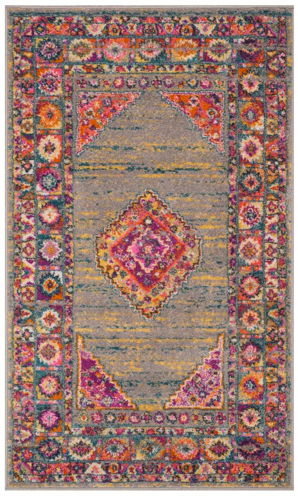 Light gray rug showcases a bright fuchsia diamond and densely patterned multicolored edges