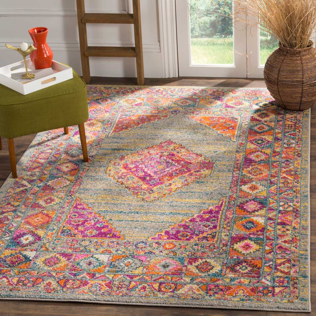 A fuchsia-centered rug brightens the room with a light gray field and multicolored borders