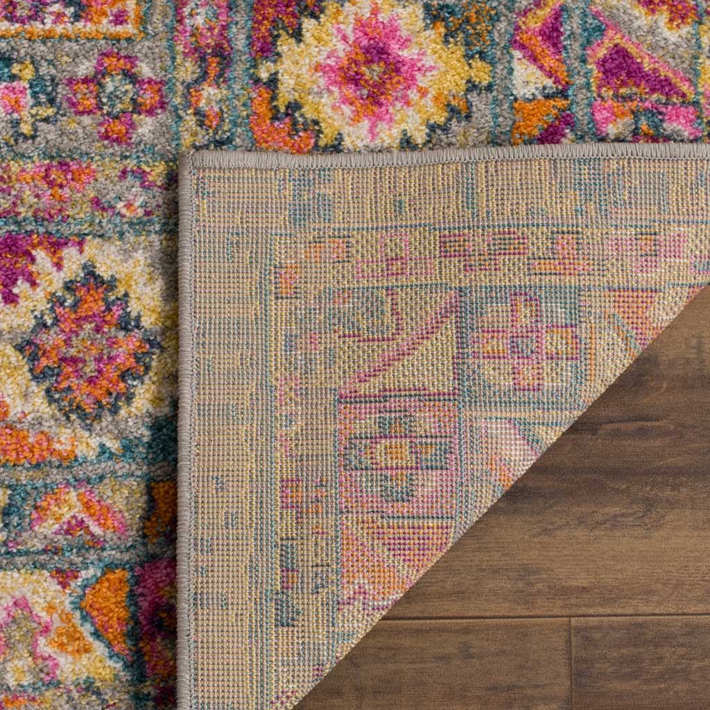 Textured woven backing and a bound gray edge support the colorful floral pile