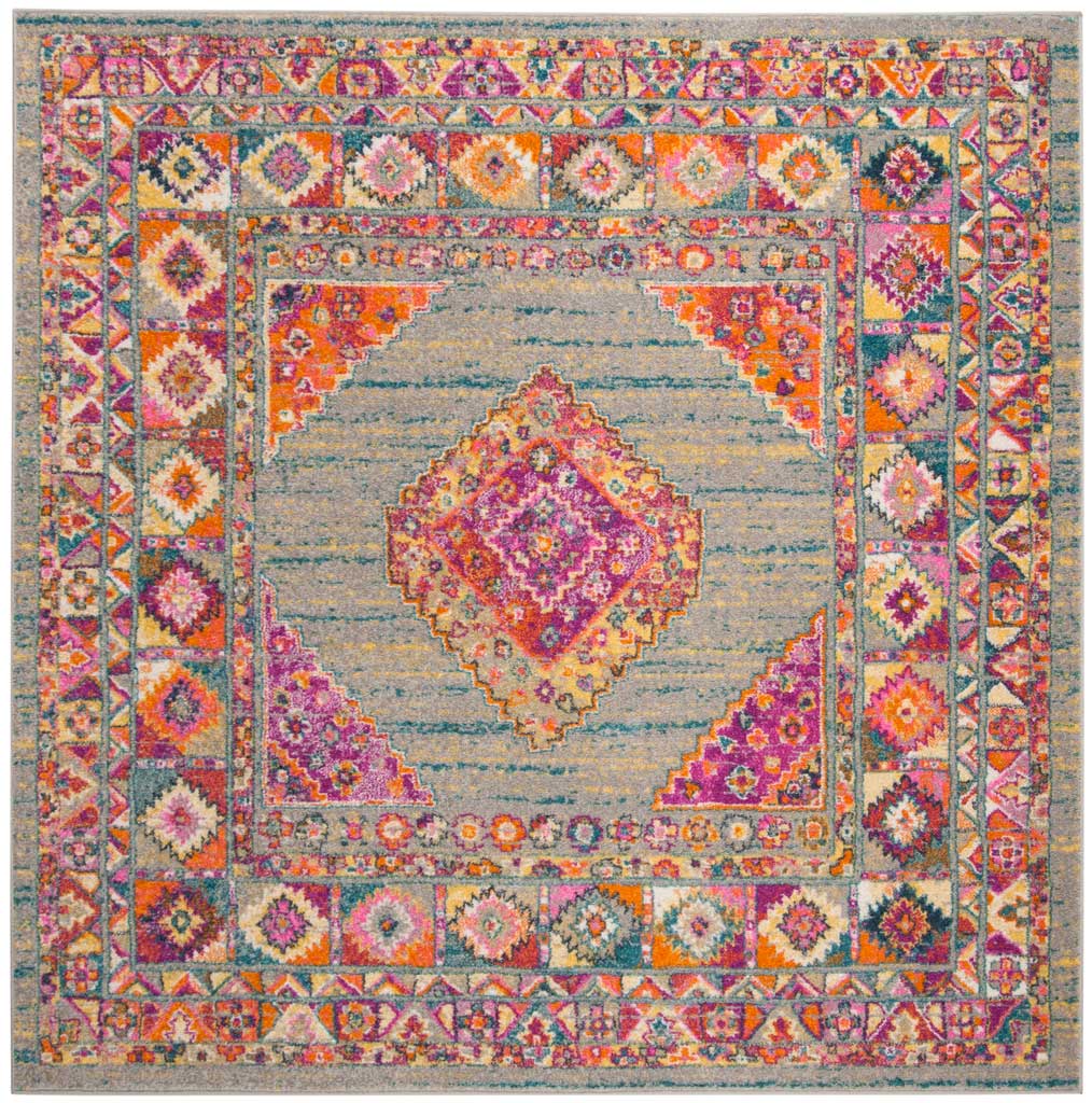 Square light gray rug pairs an ornate fuchsia diamond with orange and pink floral borders
