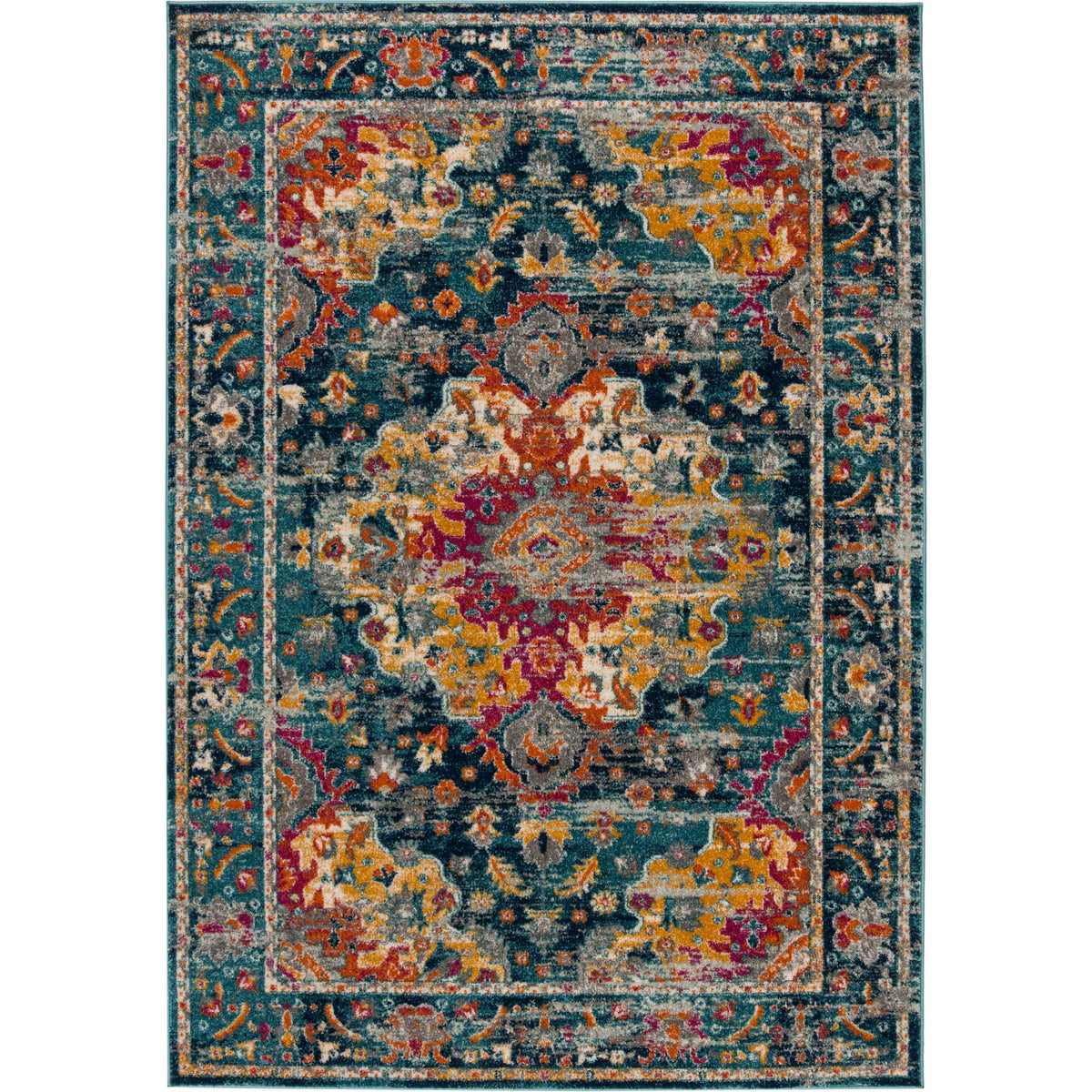 Distressed teal and fuchsia floral motifs surround a warm golden medallion || MAD154L-5 || top_studio