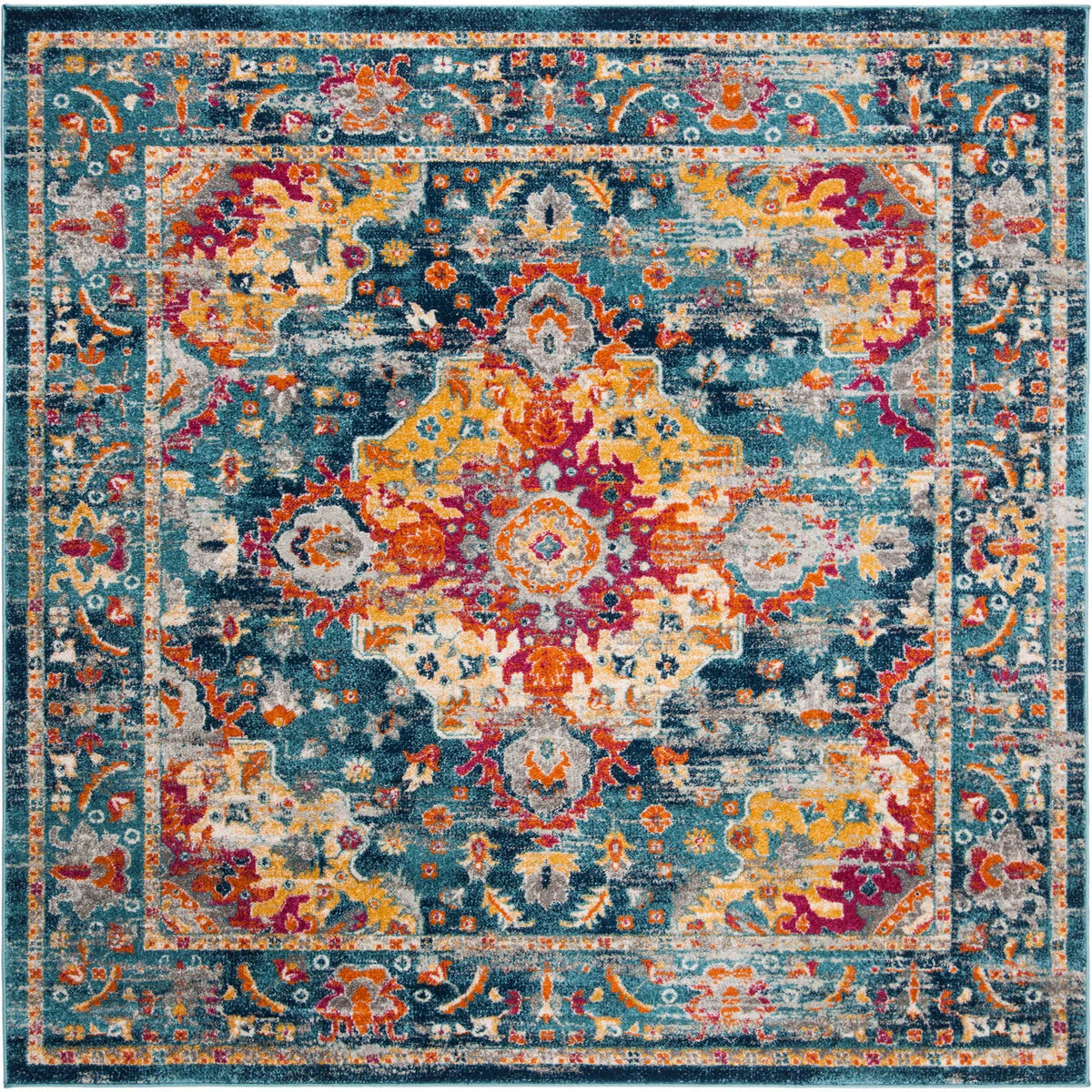 Square rug showcases a vibrant fuchsia and gold medallion against a richly patterned teal field