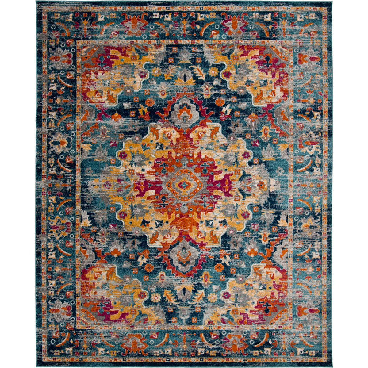Rectangular teal and fuchsia rug pairs a bright floral medallion with ornate borders || MAD154L-9 || top_studio