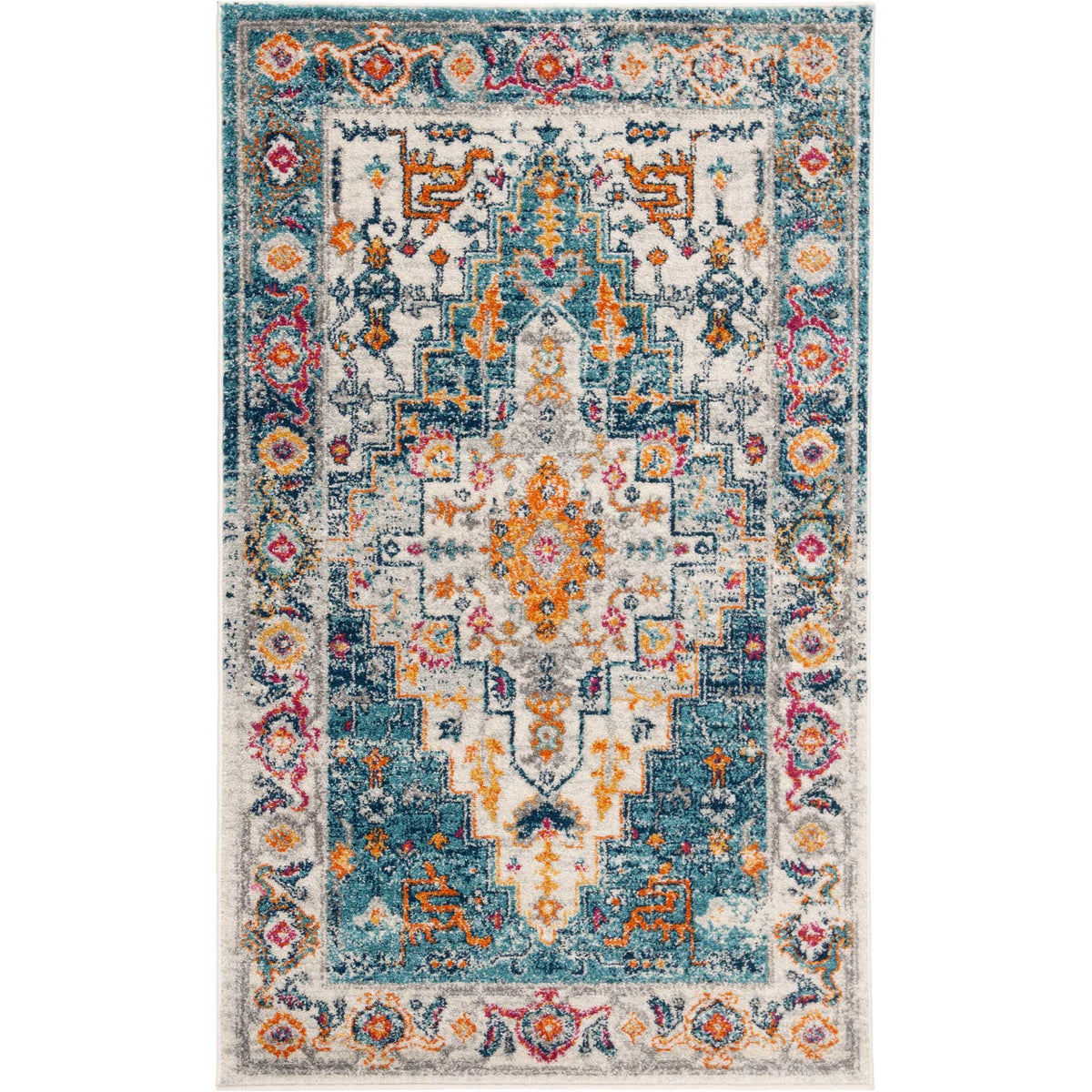 Compact ivory rug with turquoise framing, orange accents and an ornate center medallion