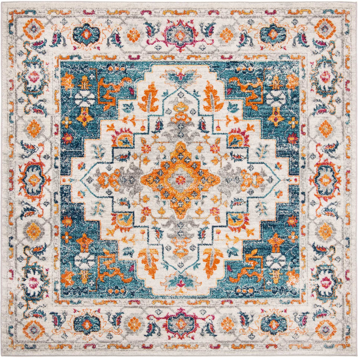 Square rug with a bold orange medallion, turquoise accents and an ornate ivory border