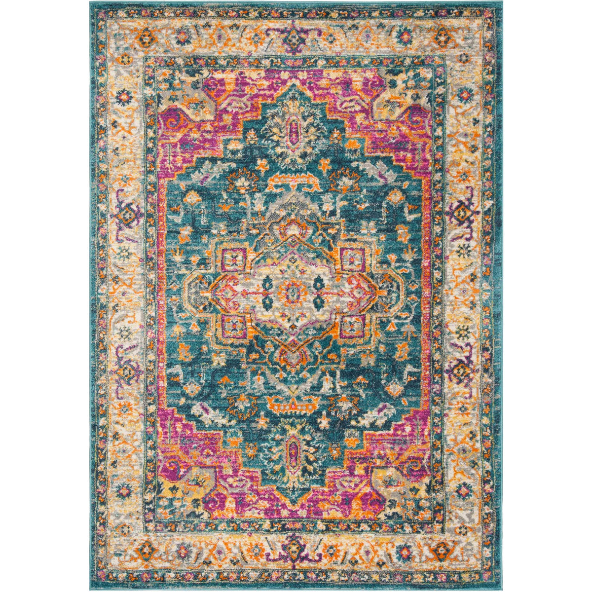 An ornate central medallion and floral border bring pink and gold accents to a deep blue rug