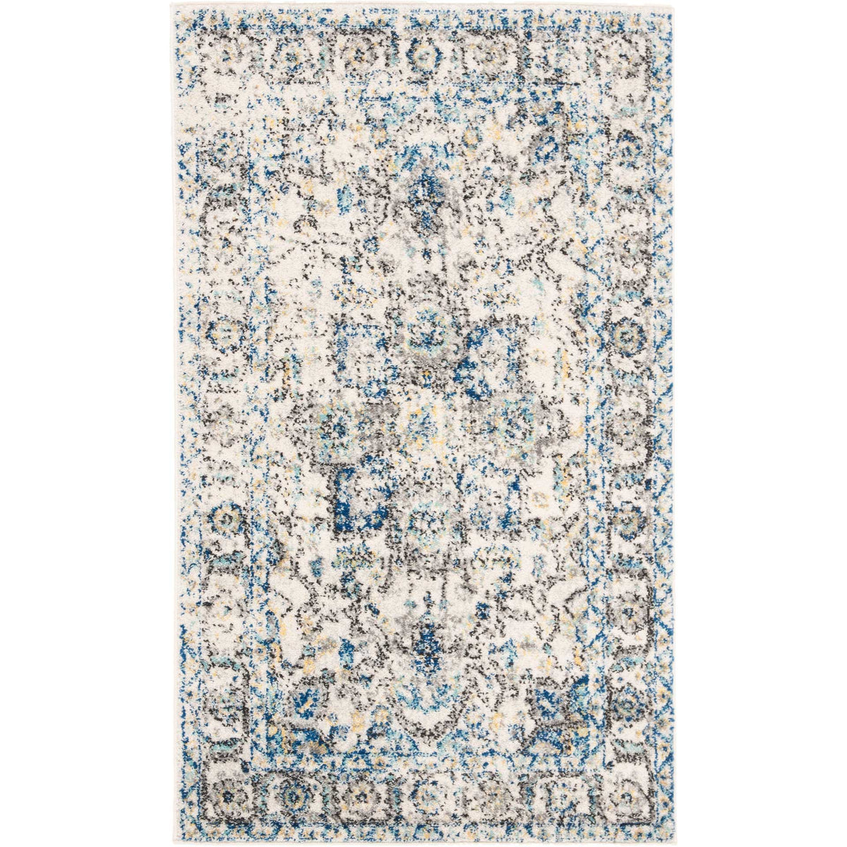 Compact ivory rug combines faded gray ornamentation with scattered blue floral accents