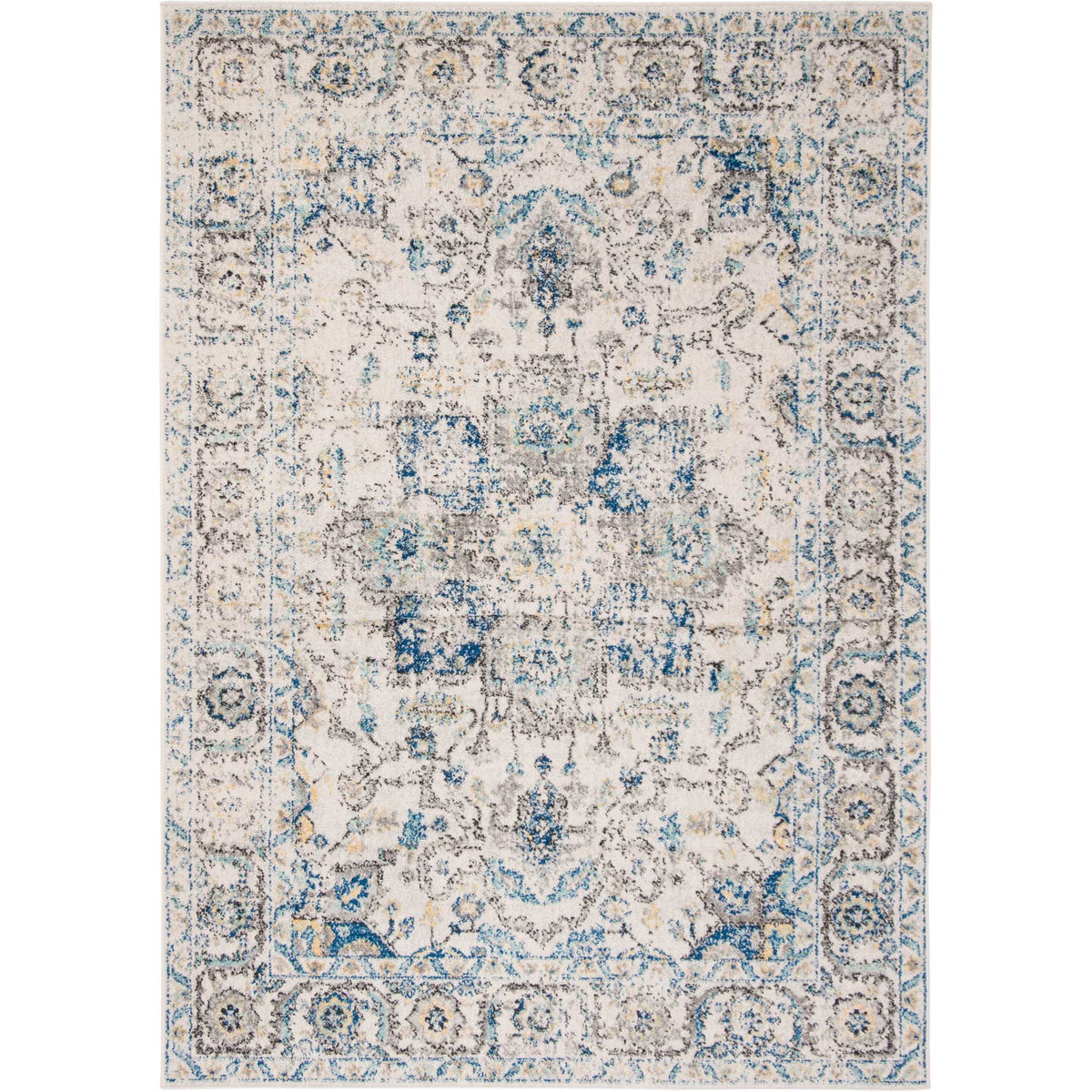 Traditional gray and ivory rug pairs delicate blue flowers with a vintage-inspired center medallion