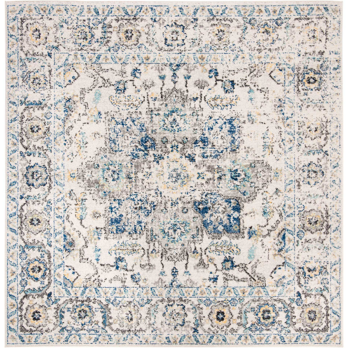Square ivory rug blends blue floral scrollwork with a softly distressed medallion and decorative border