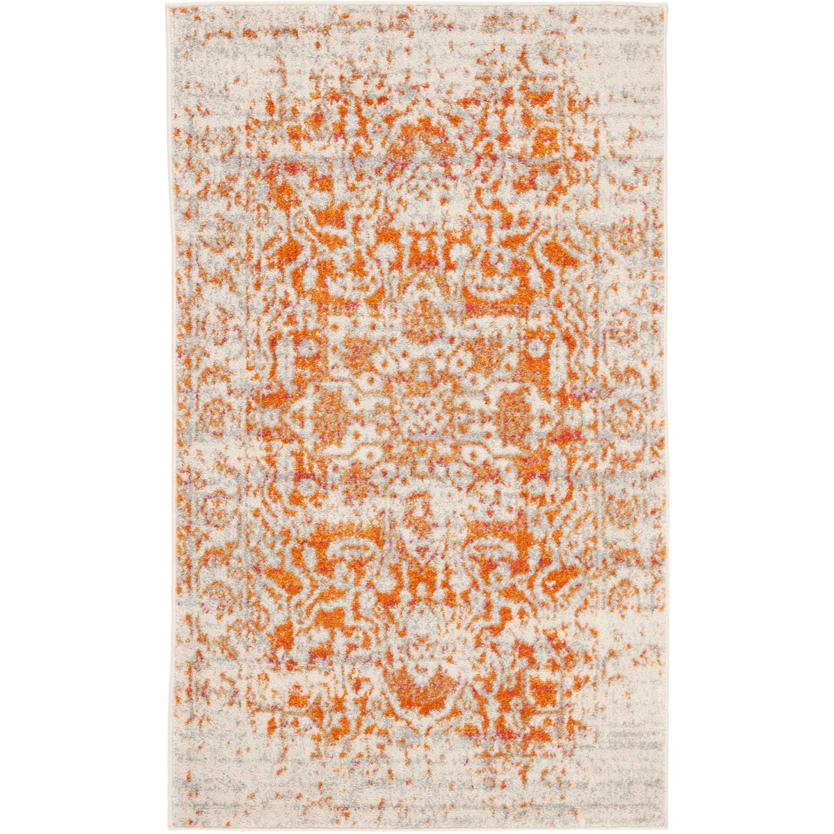 Compact ivory rug brings vibrant orange floral motifs to a classic rectangular design