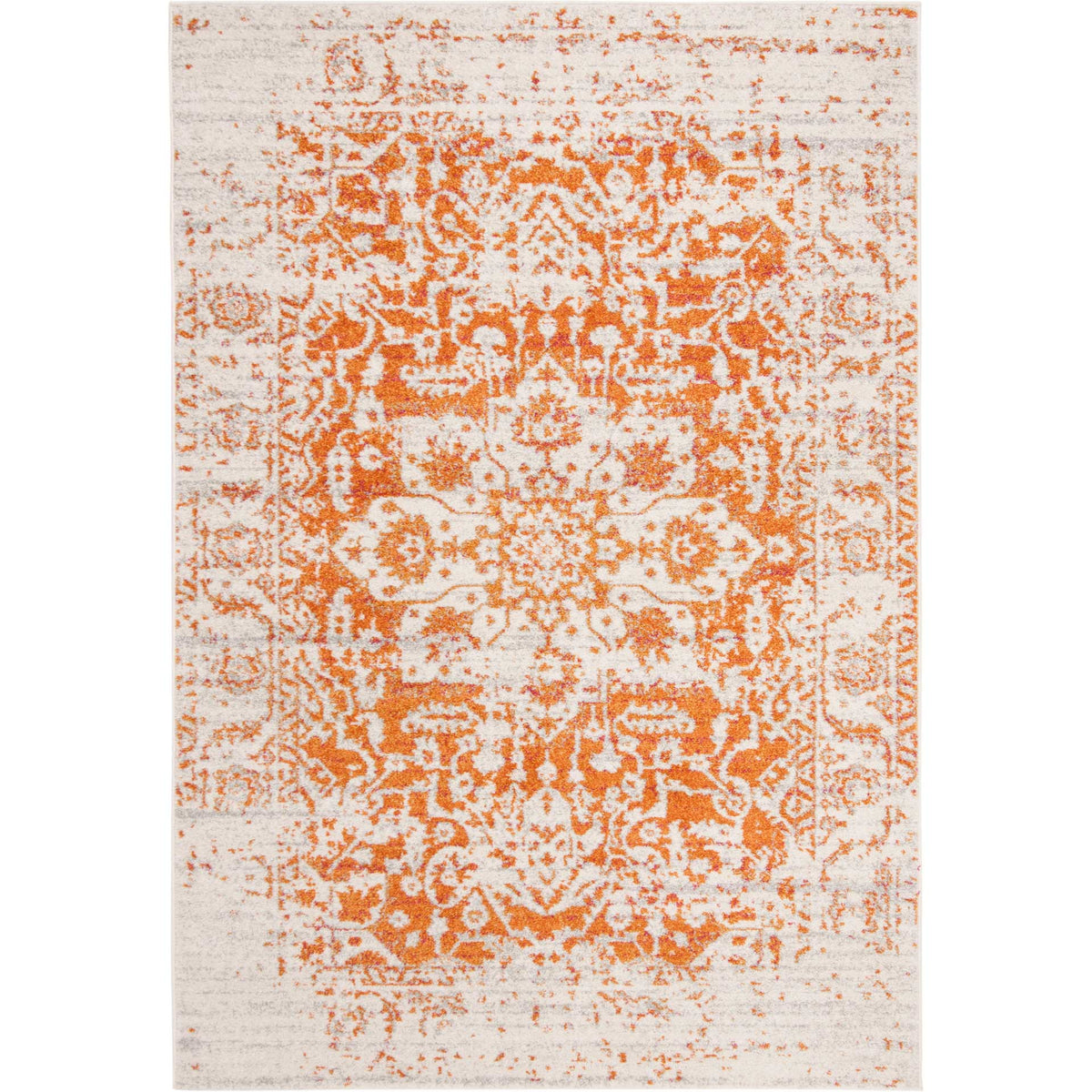 Ivory area rug features ornate orange scrollwork and a faded traditional medallion || MAD603P-5 || top_studio