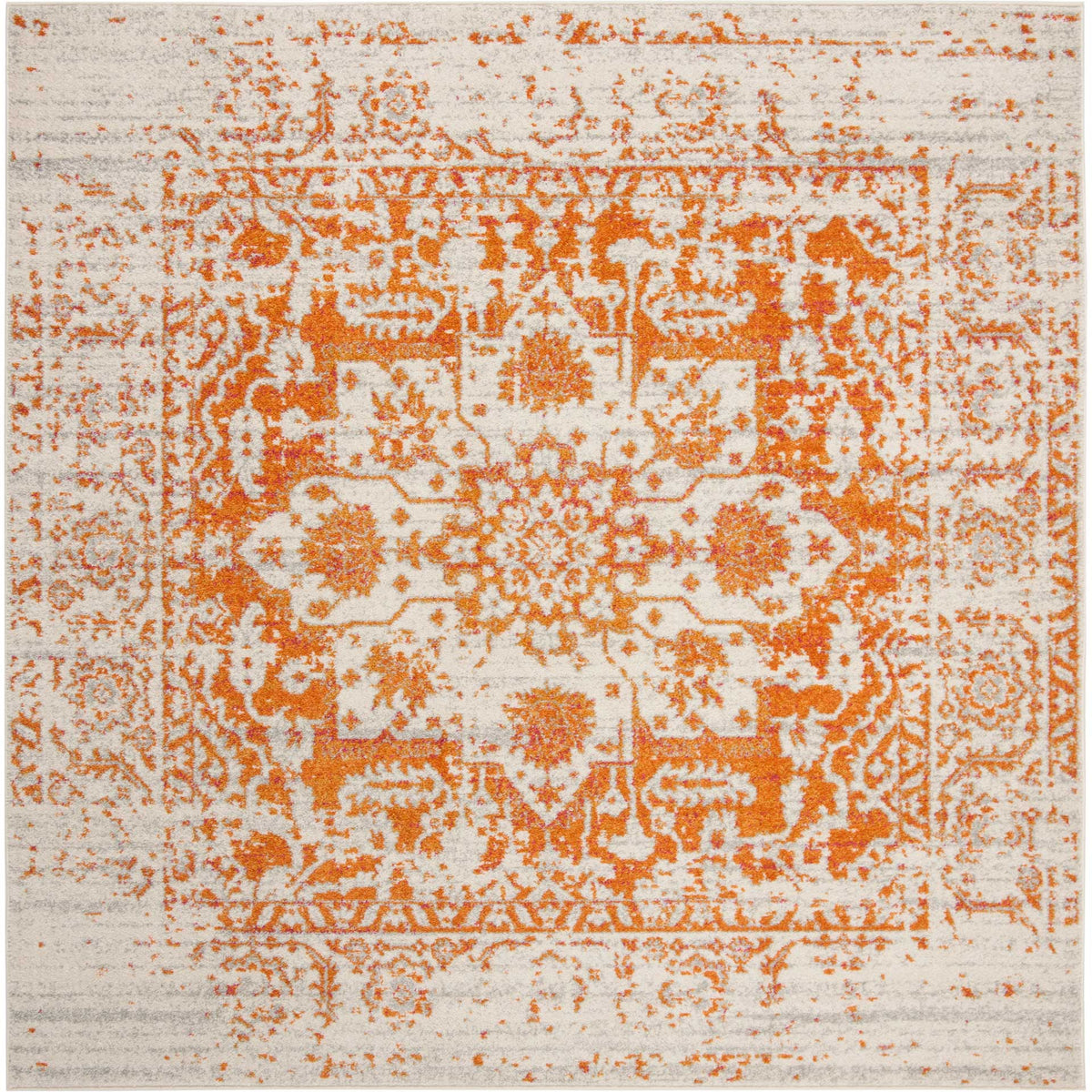 Square ivory rug centers a bold orange floral medallion inside a softly distressed border || MAD603P-7SQ || top_studio