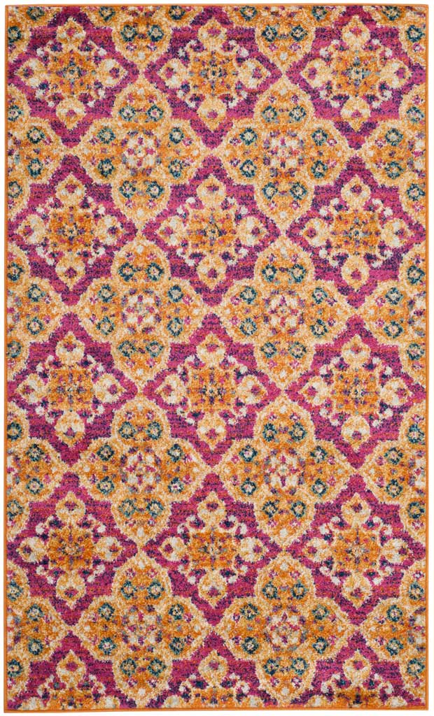 Bold gold floral medallions with teal accents stand out against the rich fuchsia of this area rug