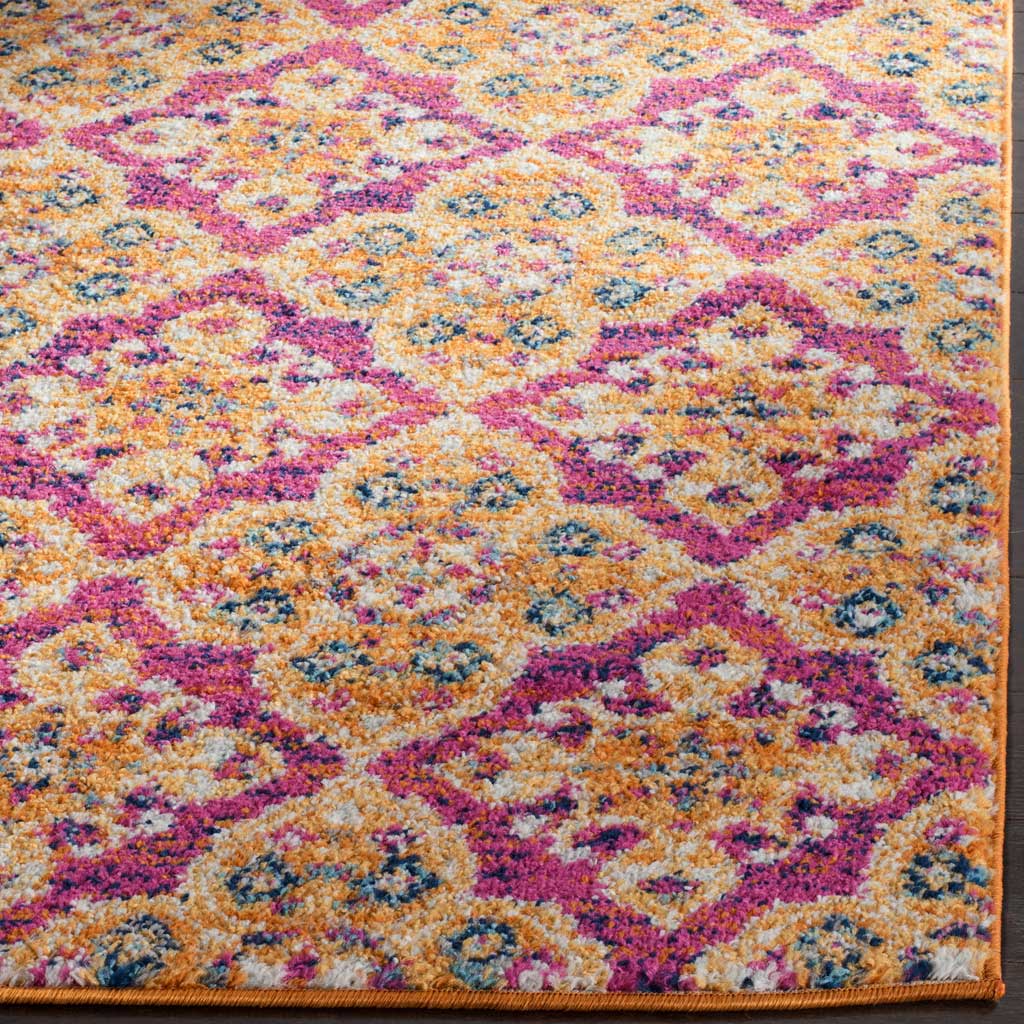 Textured fuchsia and gold florals meet a neatly bound edge for a colorful, finished look