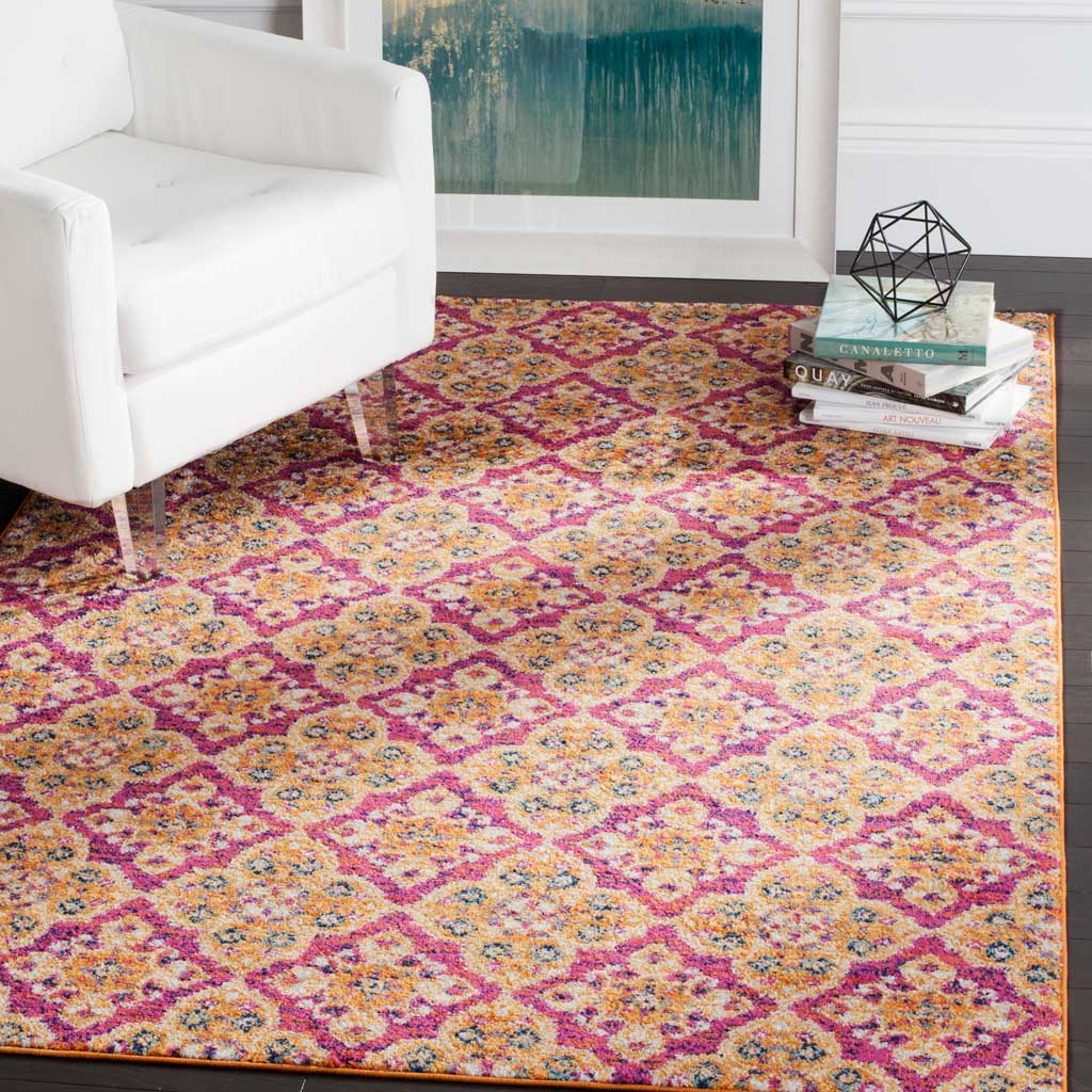 Bright fuchsia and gold medallions enliven a living room with an intricate, repeating pattern