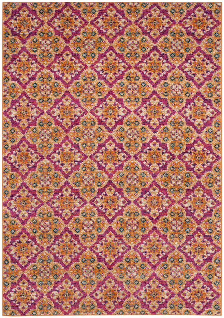 A fuchsia and gold area rug features repeating ornate medallions and a slim finished border