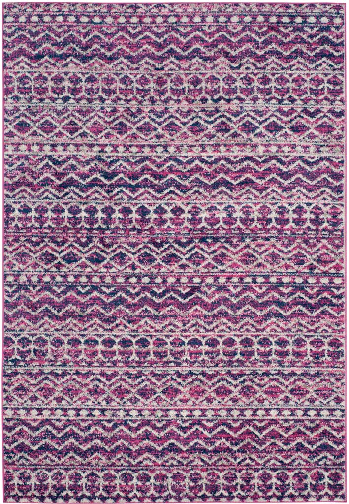 A colorful rug pairs narrow wave motifs with diamond lattice bands in fuchsia and navy
