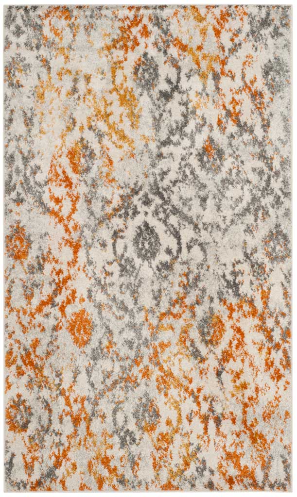 Compact cream rug pairs faded gray motifs with warm orange detailing