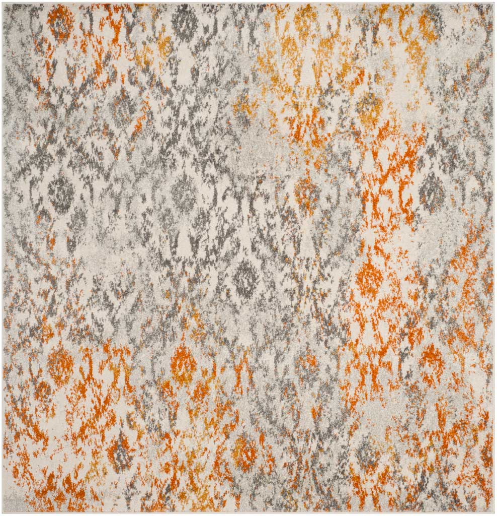Square cream rug with scattered orange and gray ornamental motifs