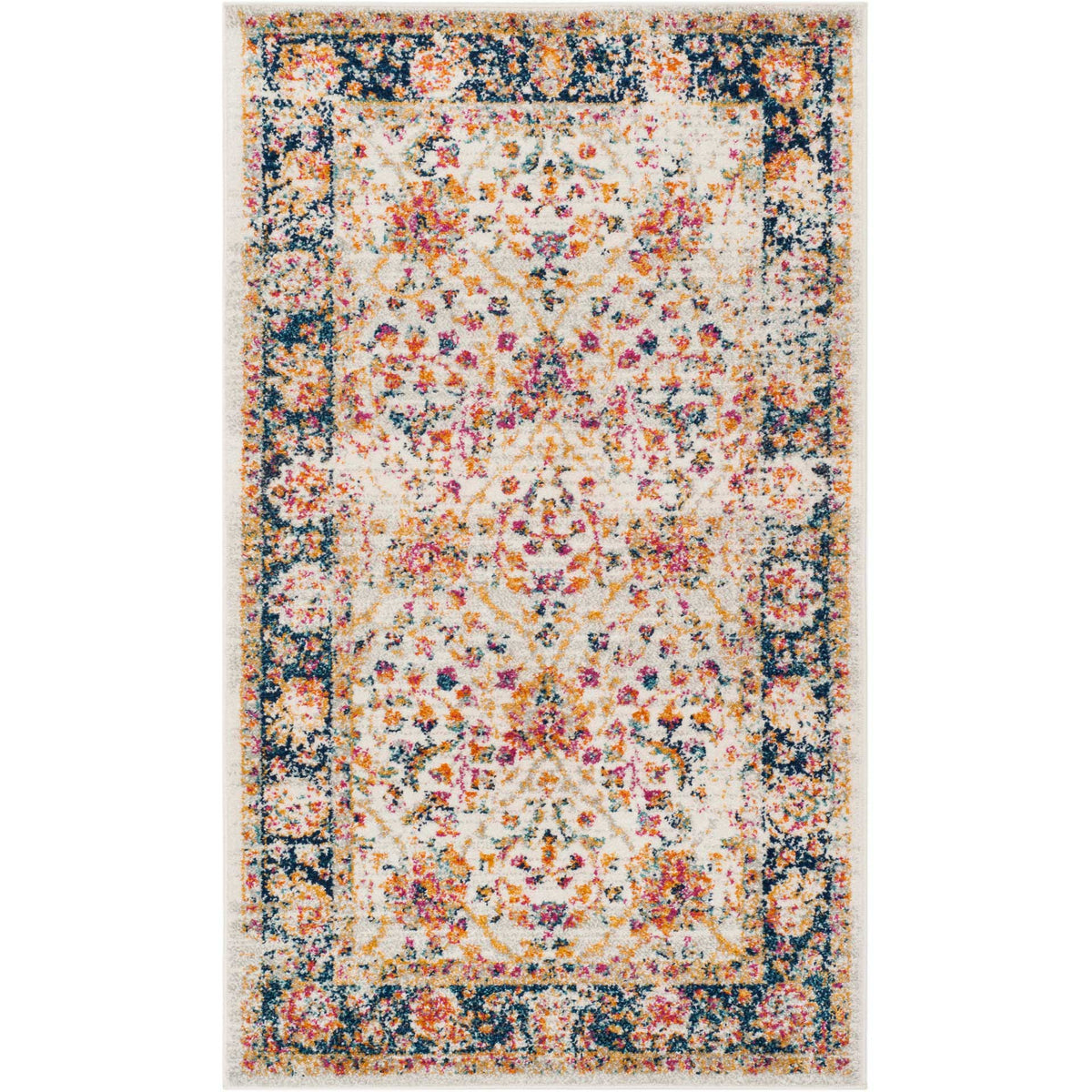 A compact cream rug showcases colorful floral scrollwork framed by a detailed navy border.