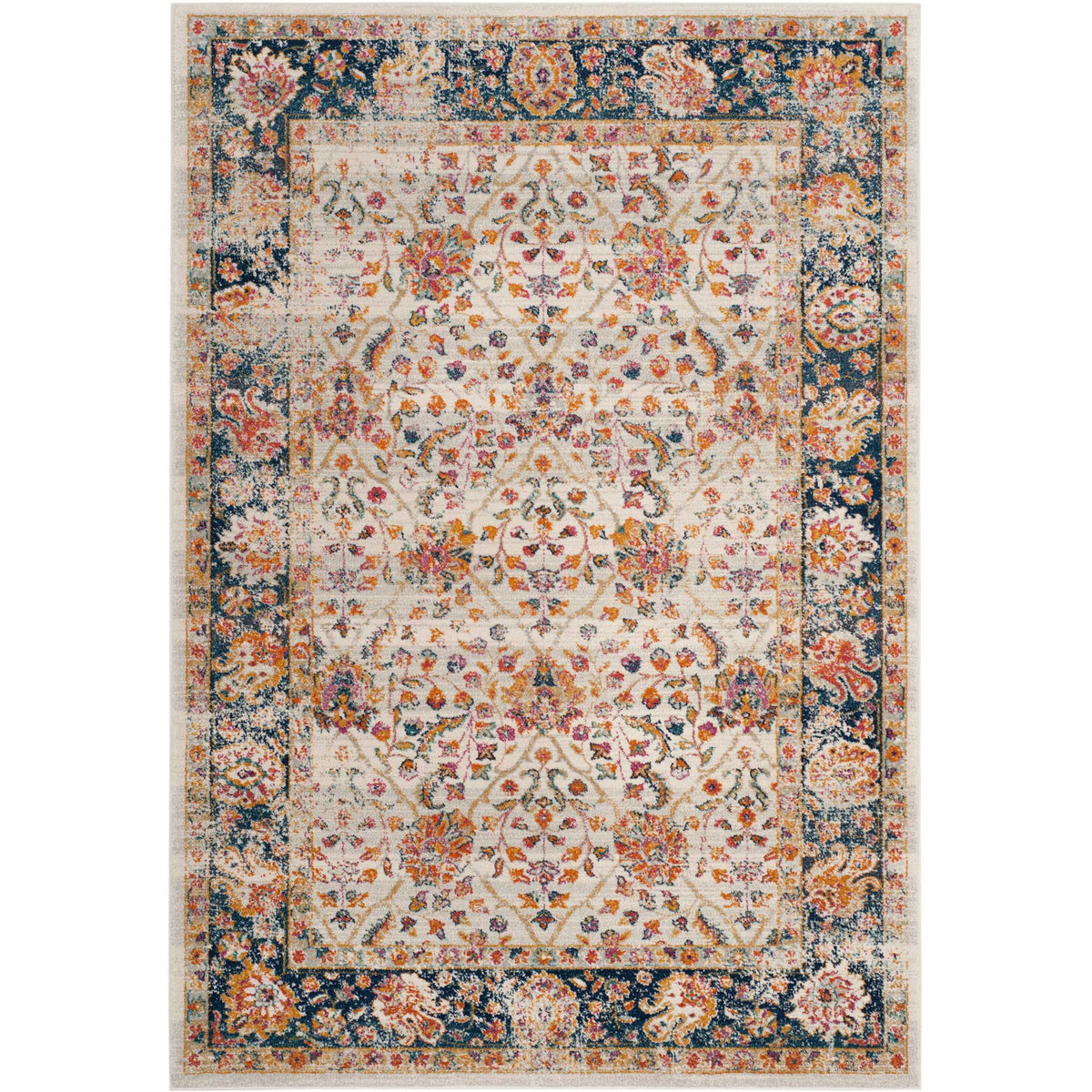 Ornate floral scrollwork fills a cream rug framed by a richly patterned navy border.