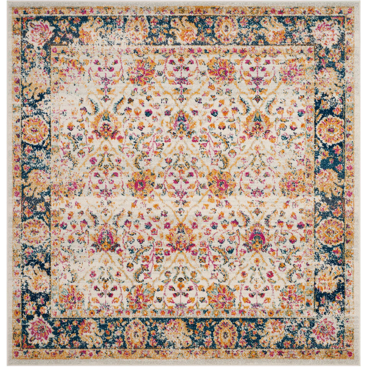 A square cream rug displays intricate floral motifs within a bold navy border.