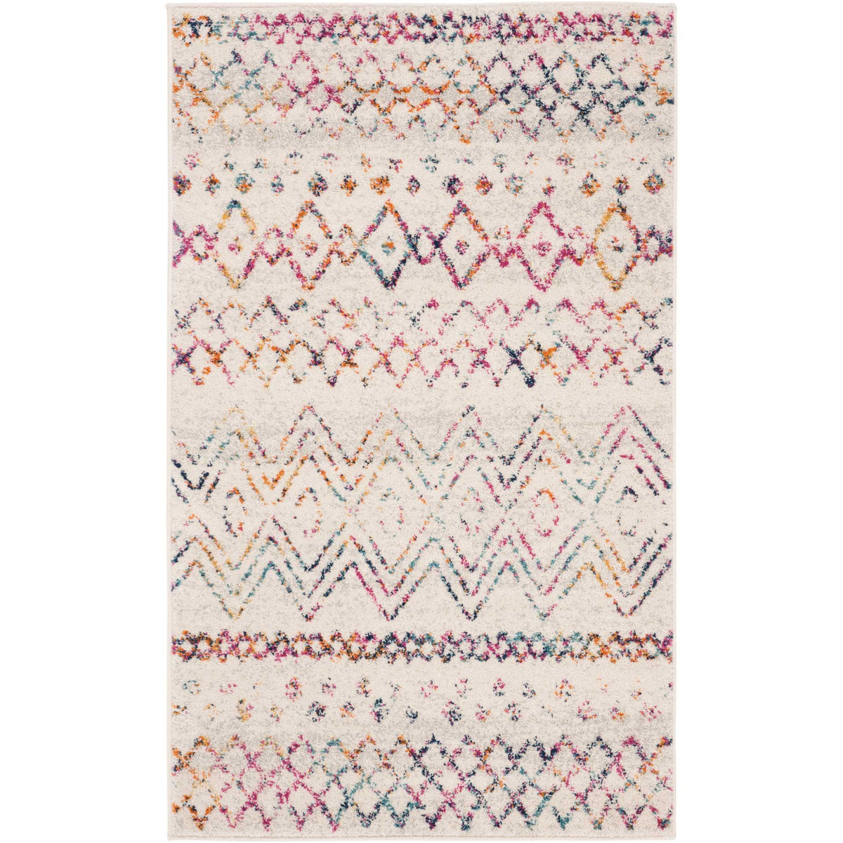 Playful fuchsia, blue, and orange geometric bands cross an ivory accent rug