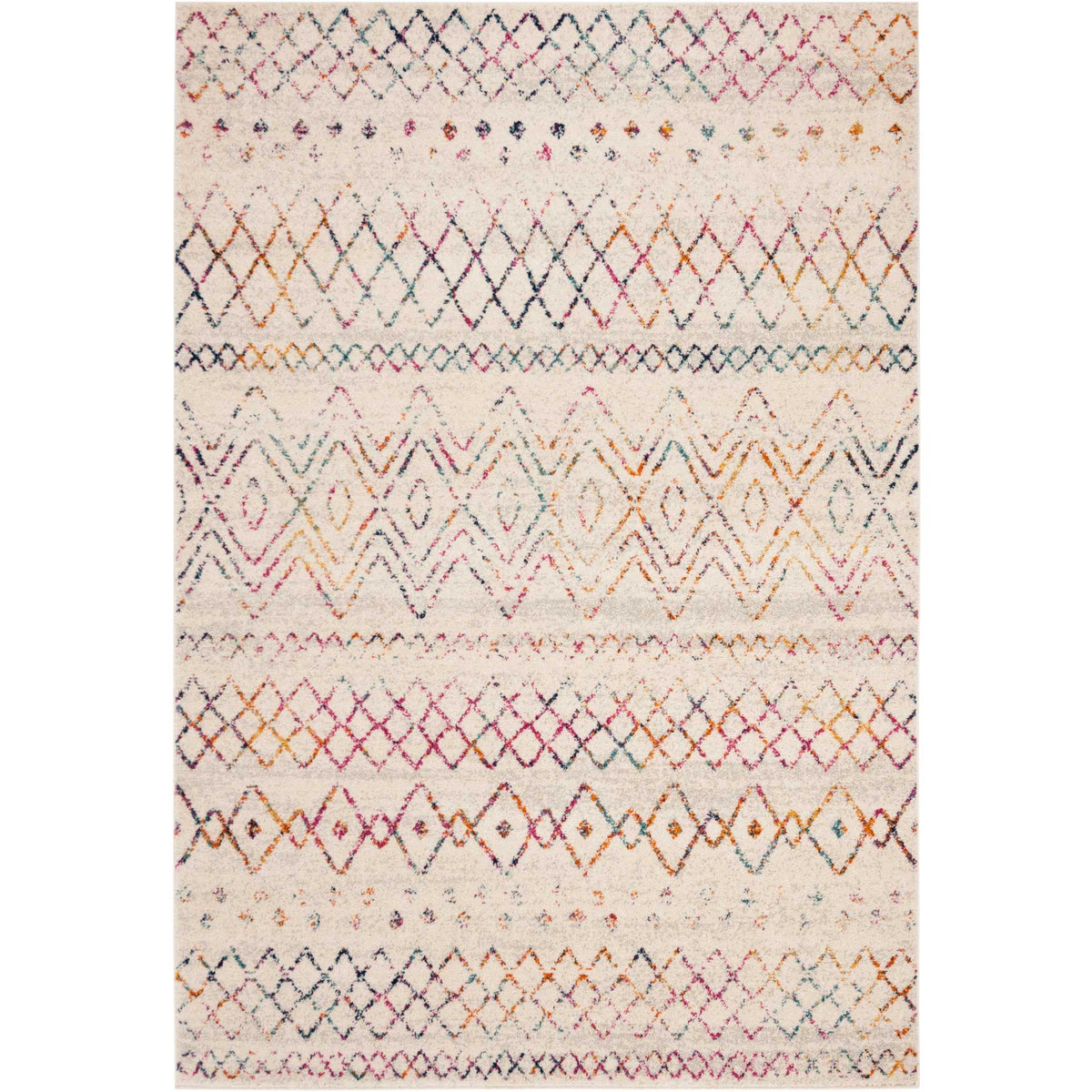 Colorful diamond lattices and chevron bands bring bohemian charm to an ivory rug
