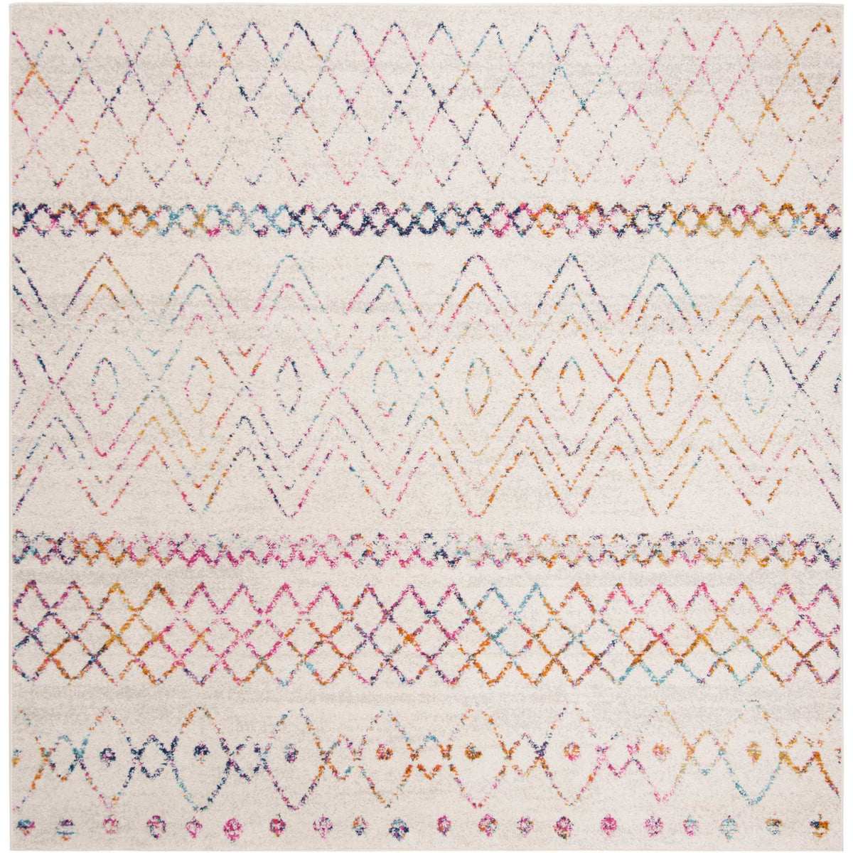 Colorful diamond grids, zigzags, and dotted motifs enliven a square ivory rug