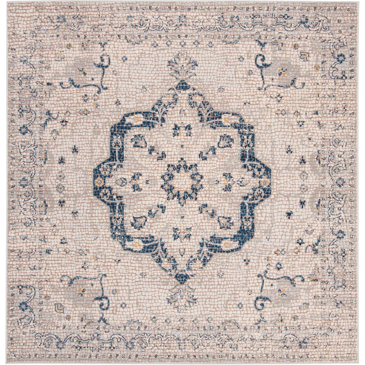 A square ivory rug frames an ornate navy medallion with delicate floral accents and an intricate border