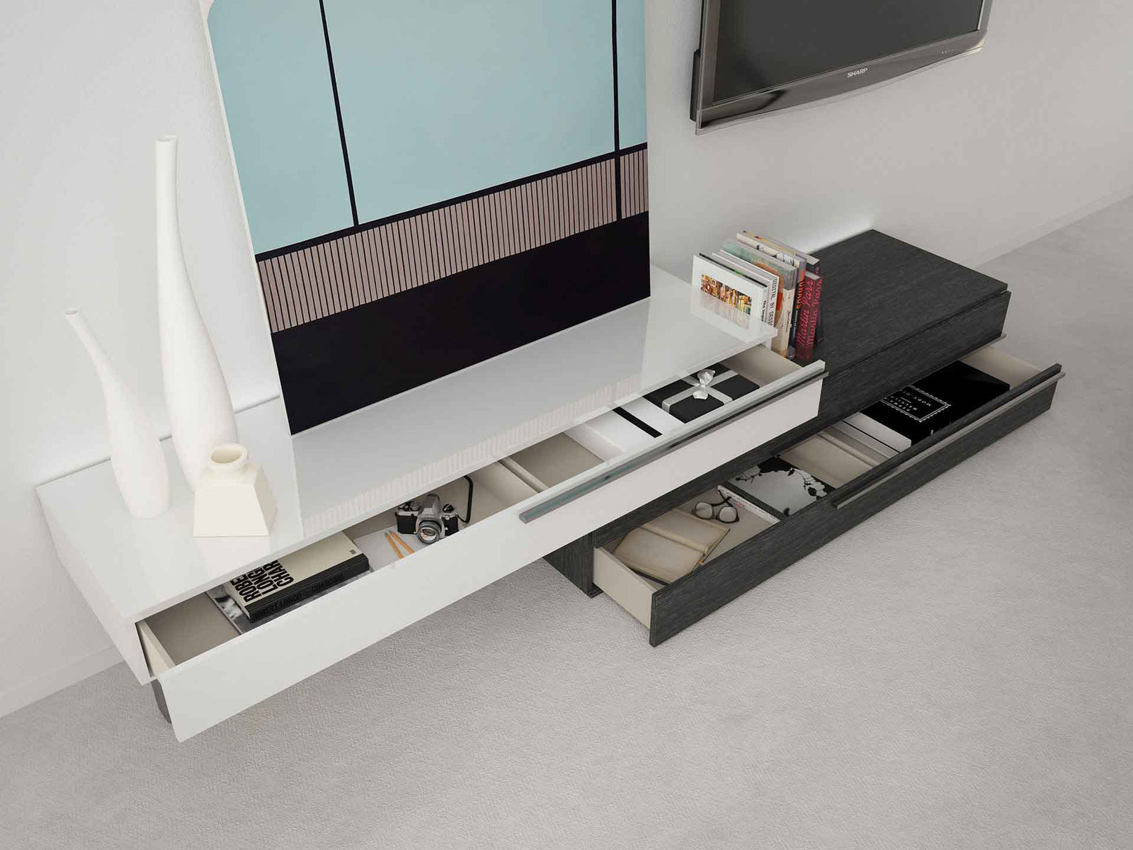 Gramercy Media Console White Lacquer/Gray Oak