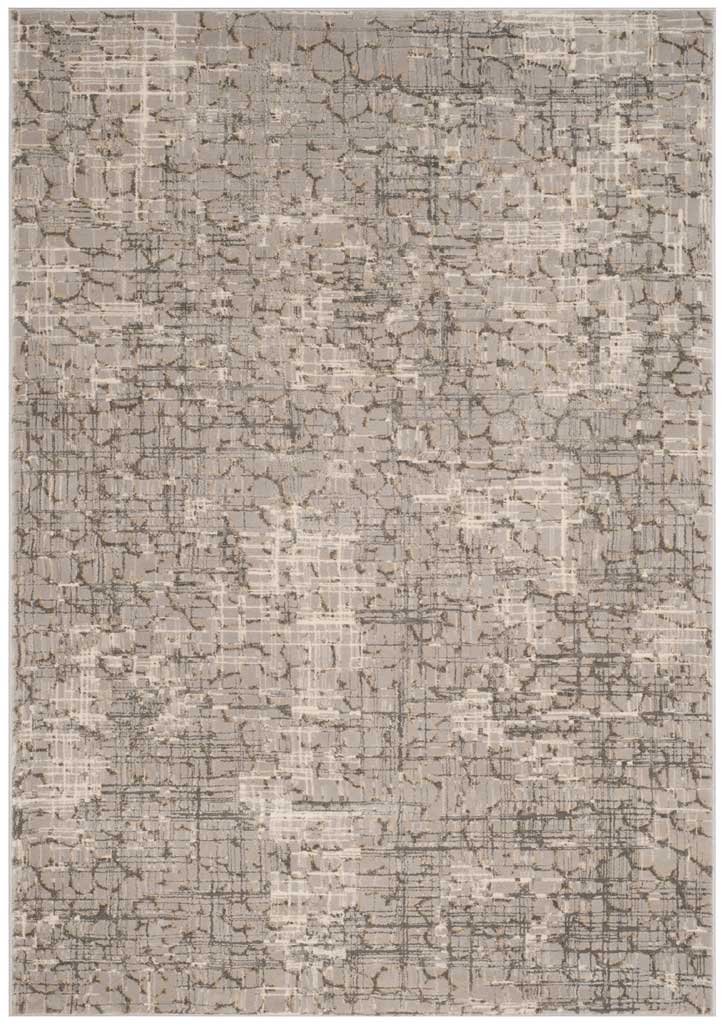 A rectangular gray rug blends faded gridwork and mottled tones in a modern abstract pattern