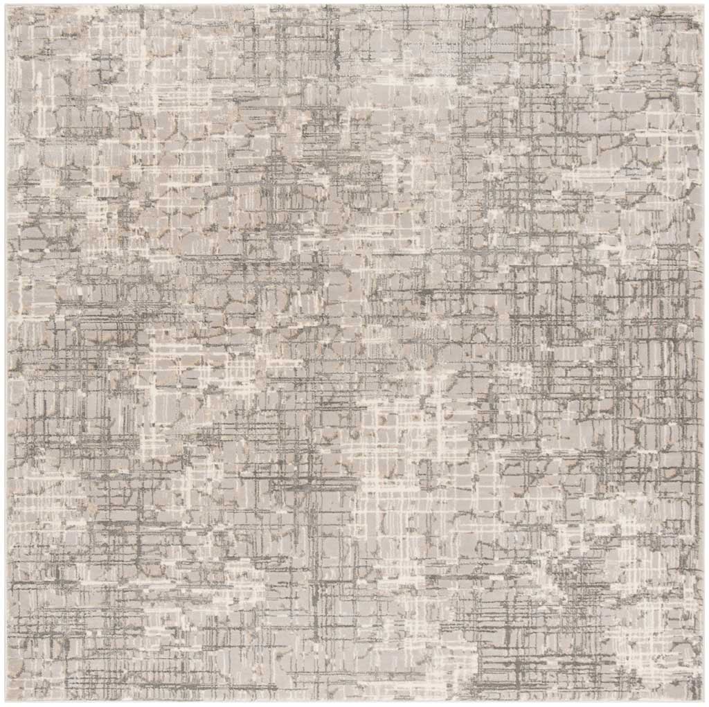 A square gray rug pairs intricate crosshatching with pale ivory accents for a softly distressed look
