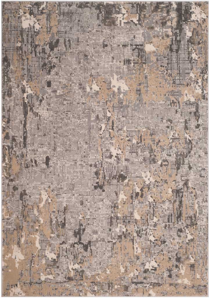 A rectangular rug features layered charcoal strokes and beige highlights over a gray ground.