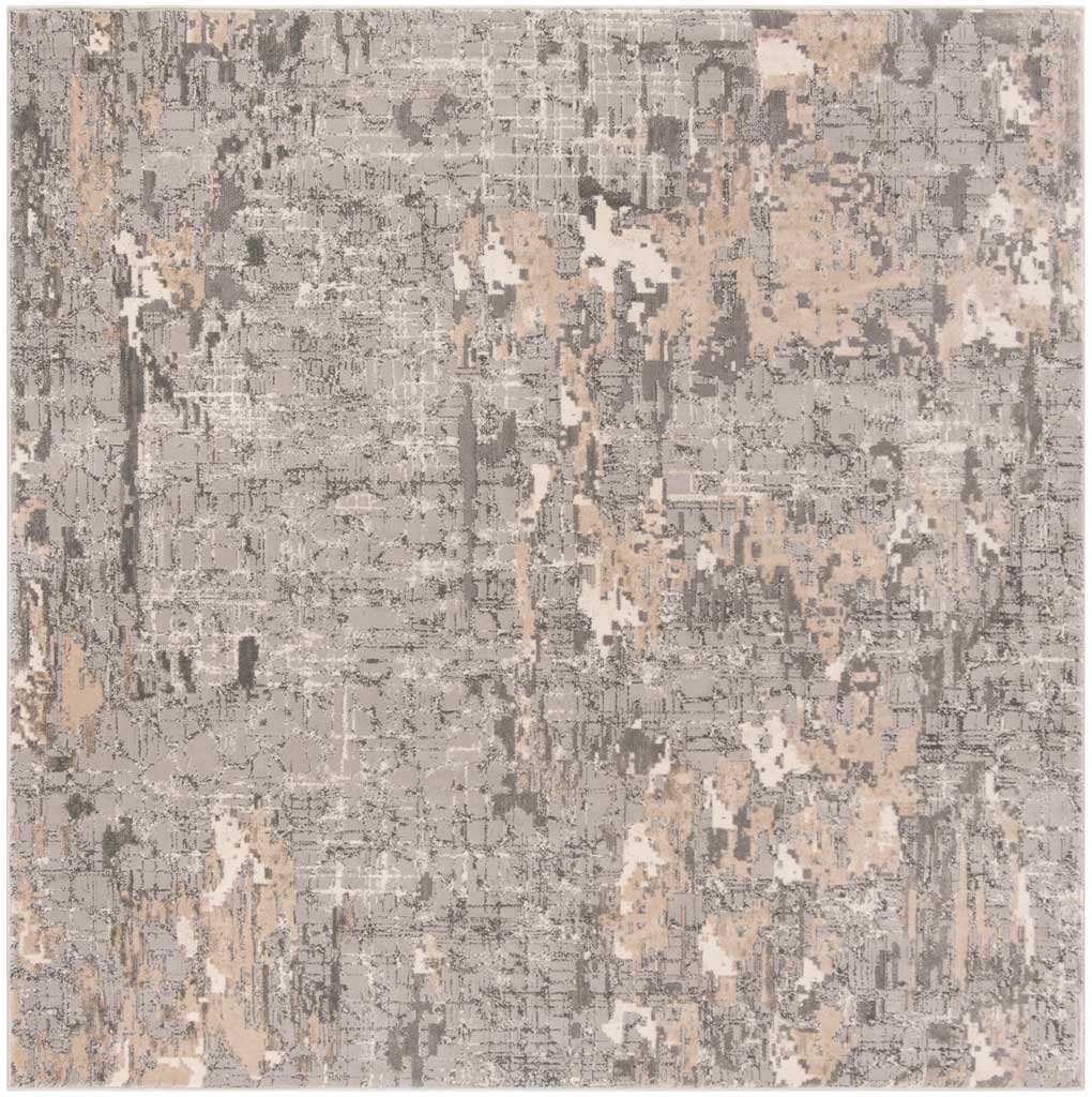 A square rug mixes distressed gray markings with cream and sandy beige accents.