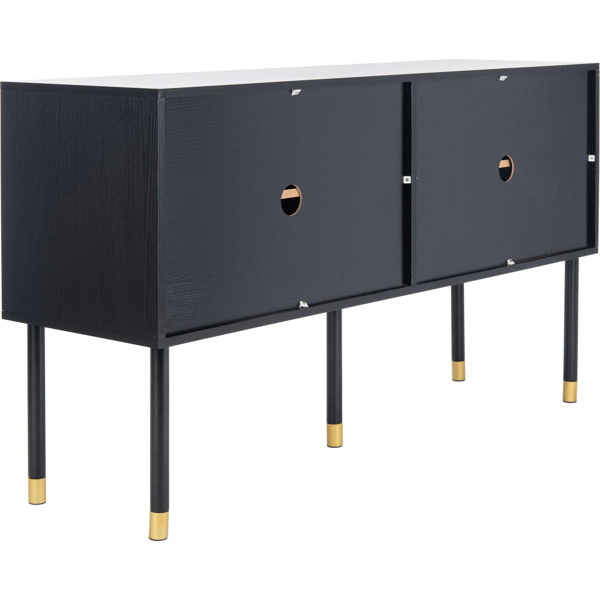 A black wood-look finish extends across the cabinet back, with two cord pass-throughs.