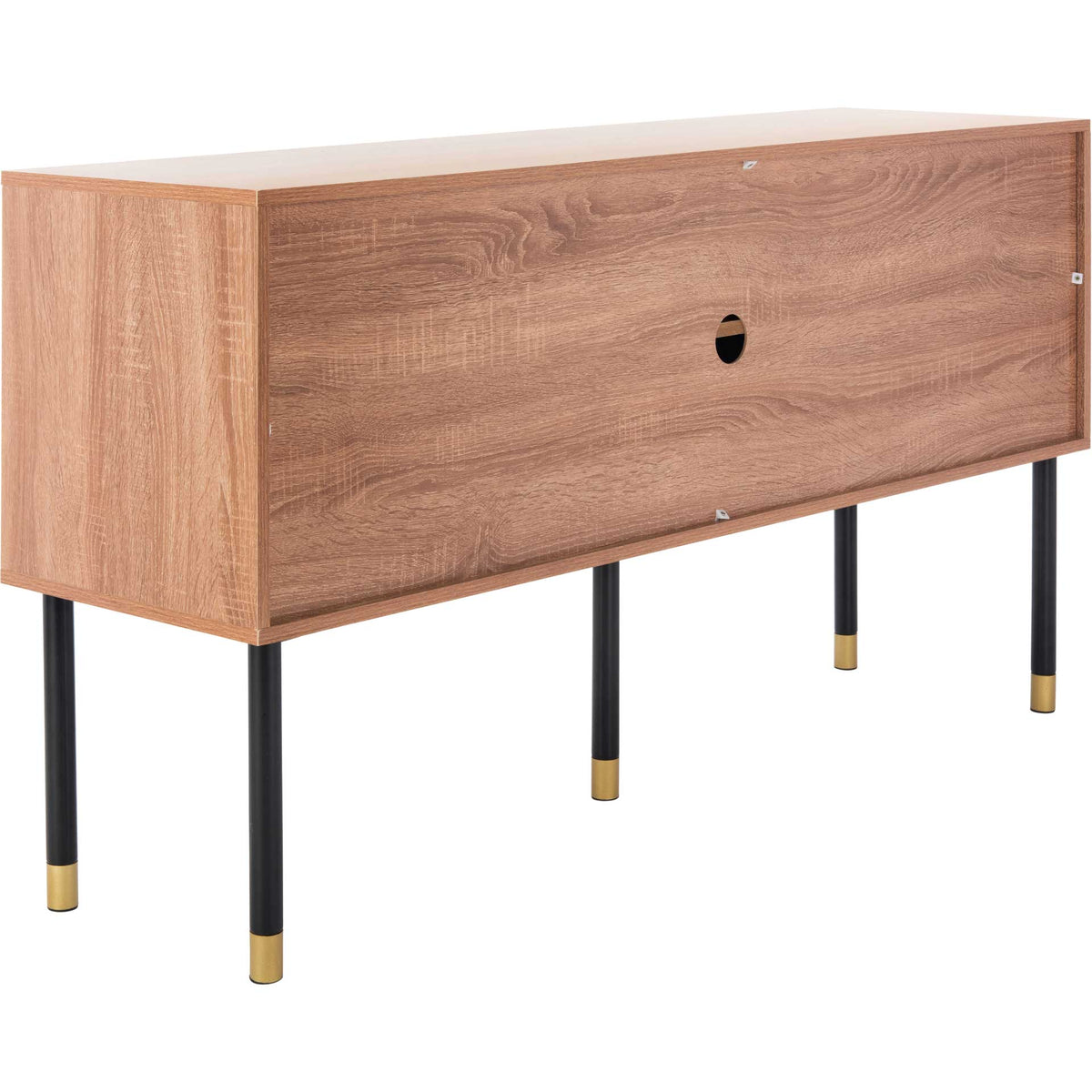Natural woodgrain cabinet features a rear cord cutout and black legs with gold caps