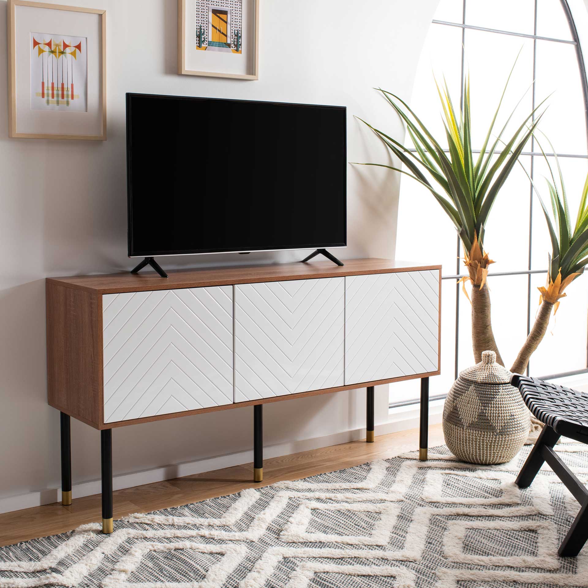 Oaklee TV Stand Natural/White/Black/Gold