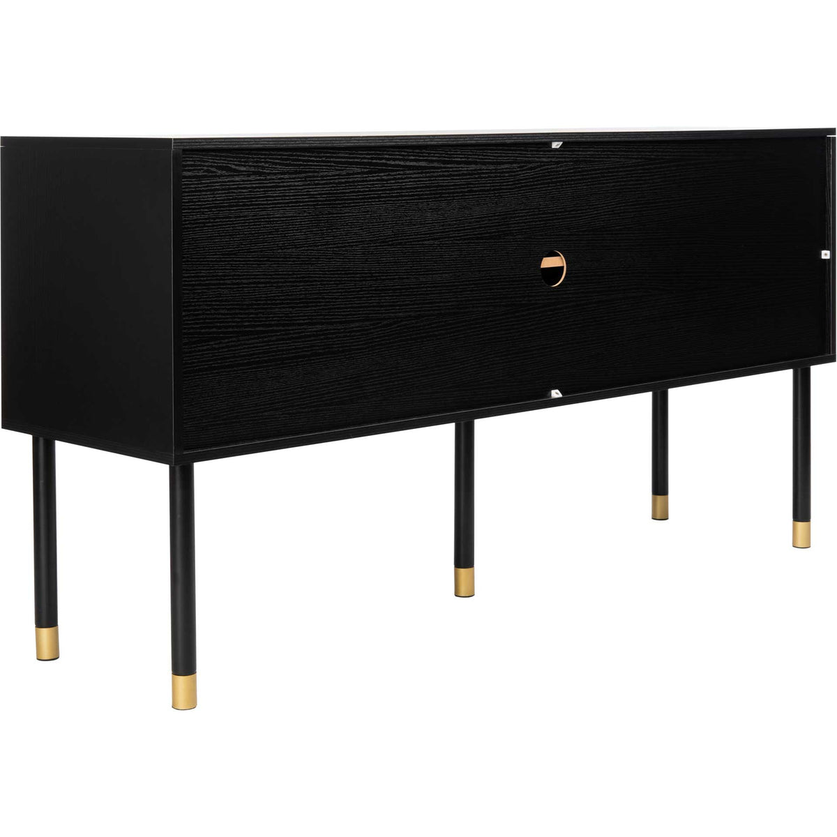 Black cabinet with a rear cable cutout stands on slim legs finished with gold caps