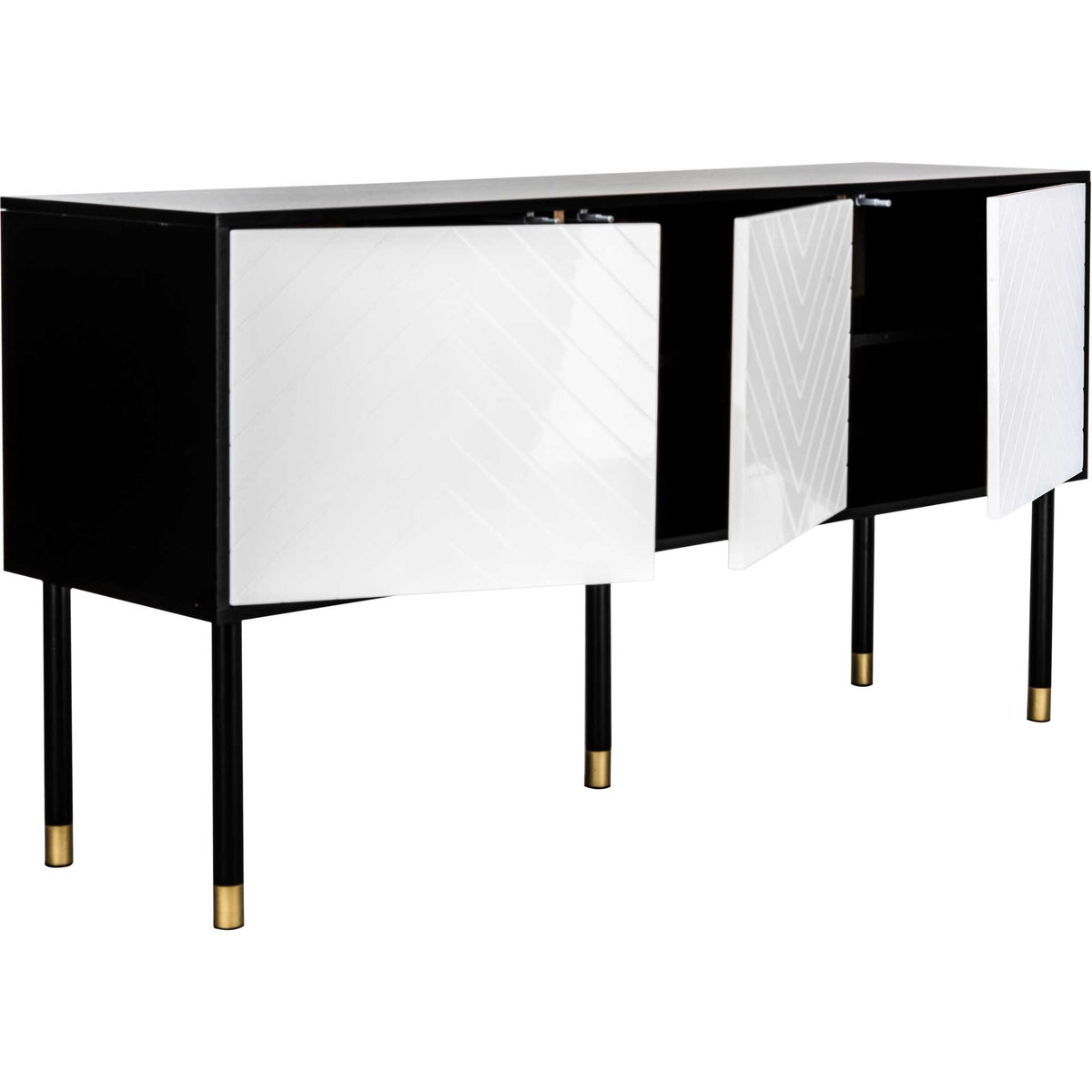 Open white doors reveal dark interior shelving in a black woodgrain media cabinet