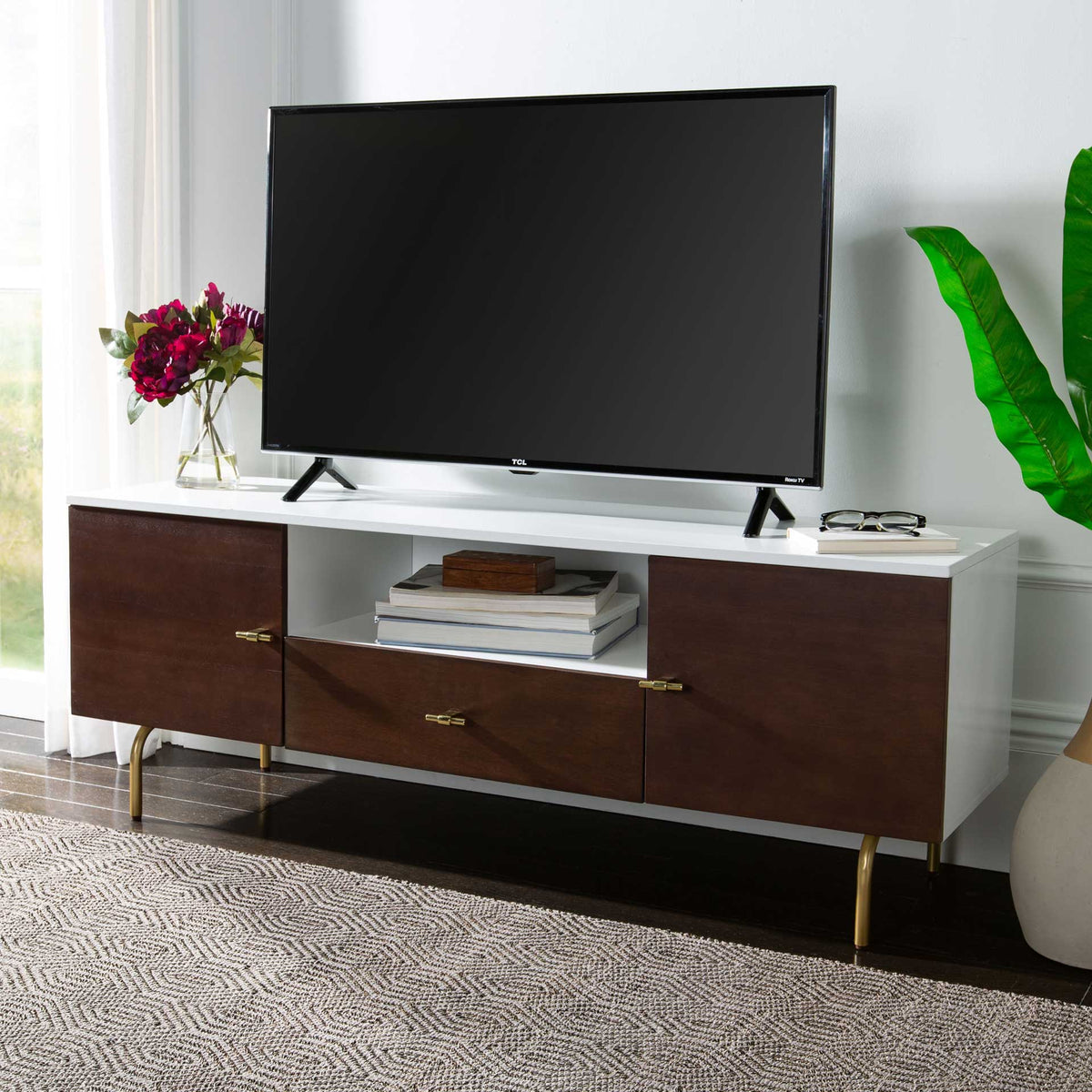Gemma TV Stand Walnut/White/Gold