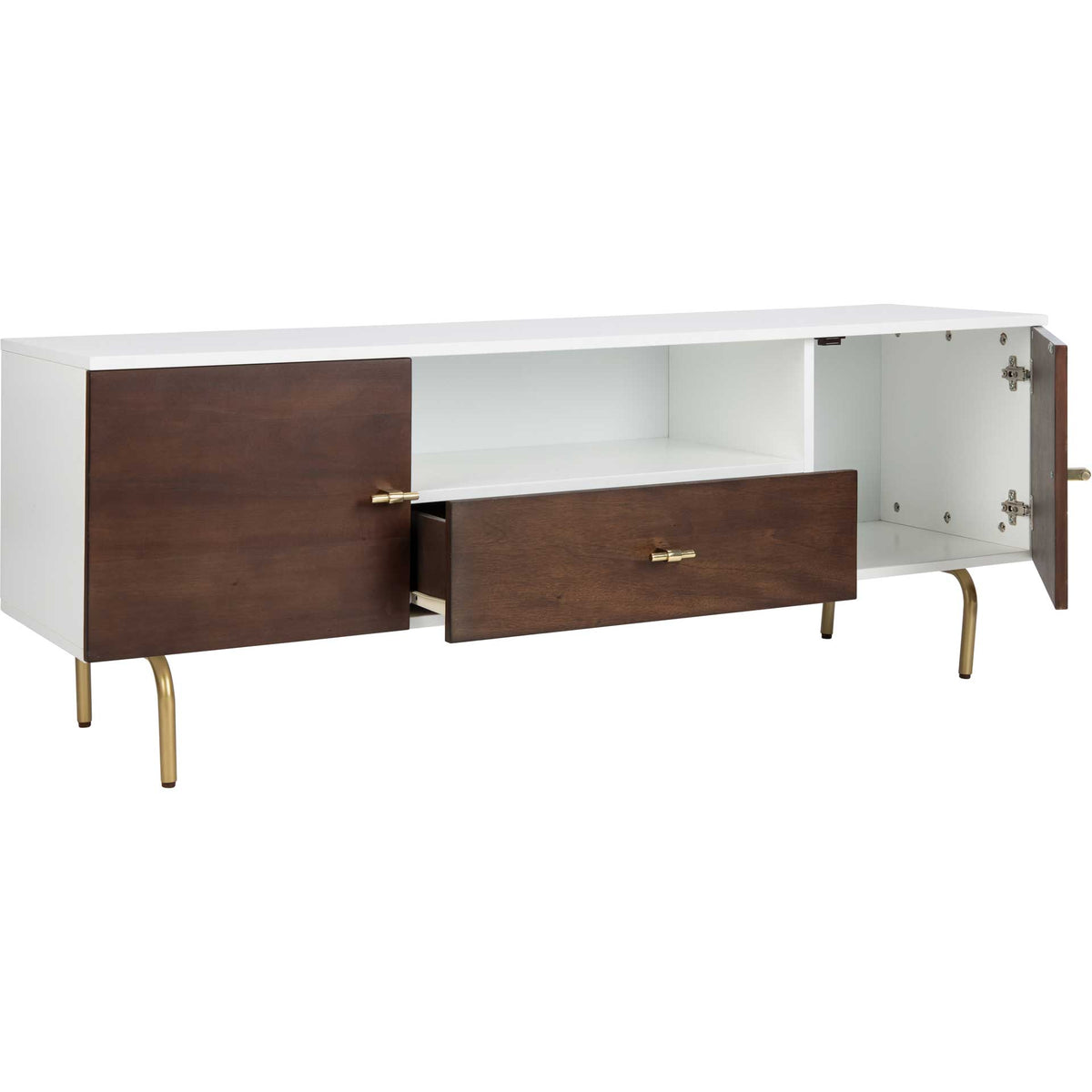 An extended walnut drawer and open cabinet reveal storage inside the crisp white frame.