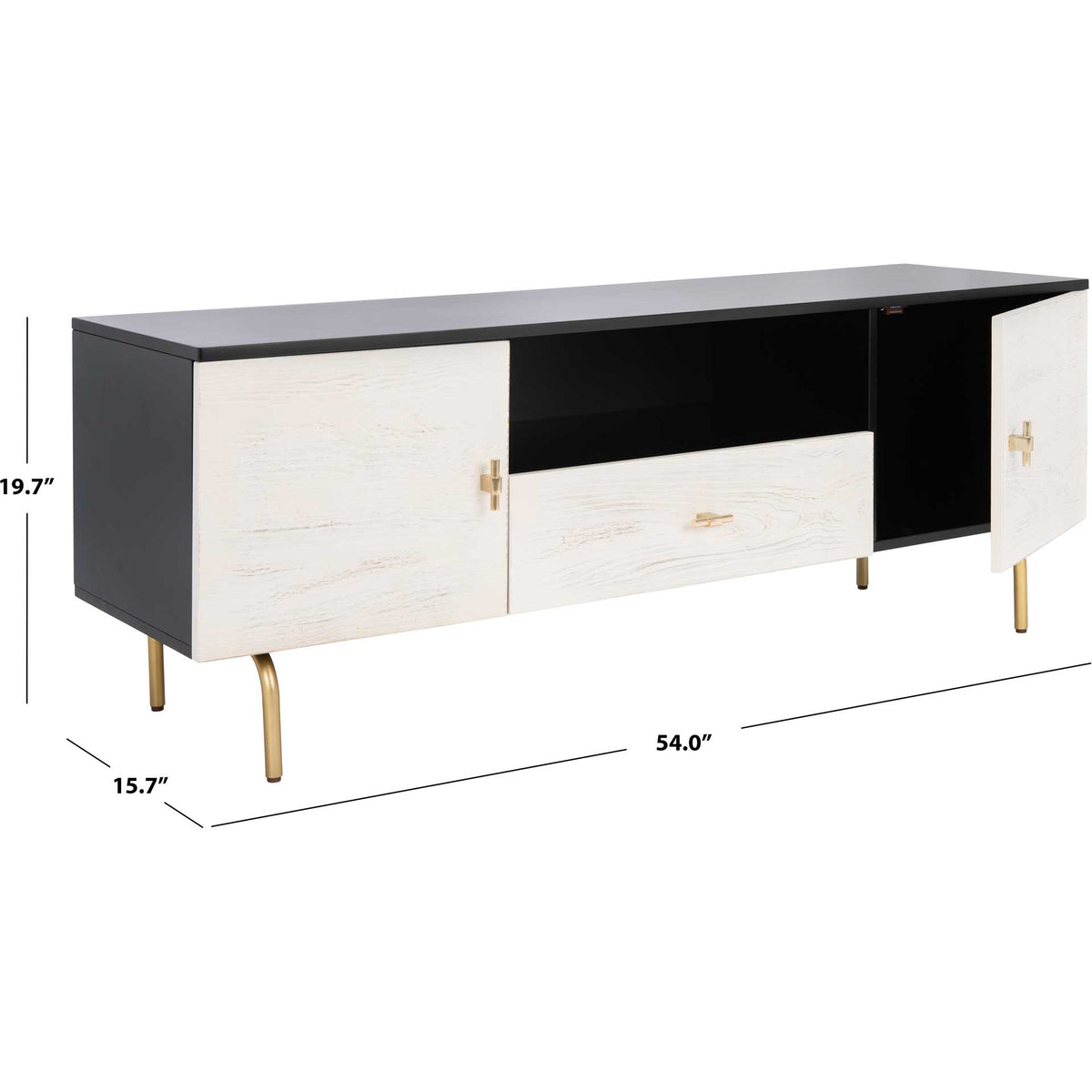At 54 inches wide, the black stand balances whitewashed storage fronts with an open center shelf.