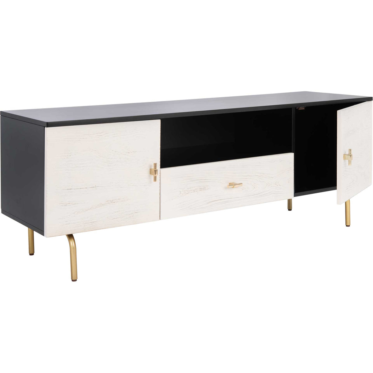 A whitewashed door swings open beside a dark media shelf, revealing convenient hidden storage.