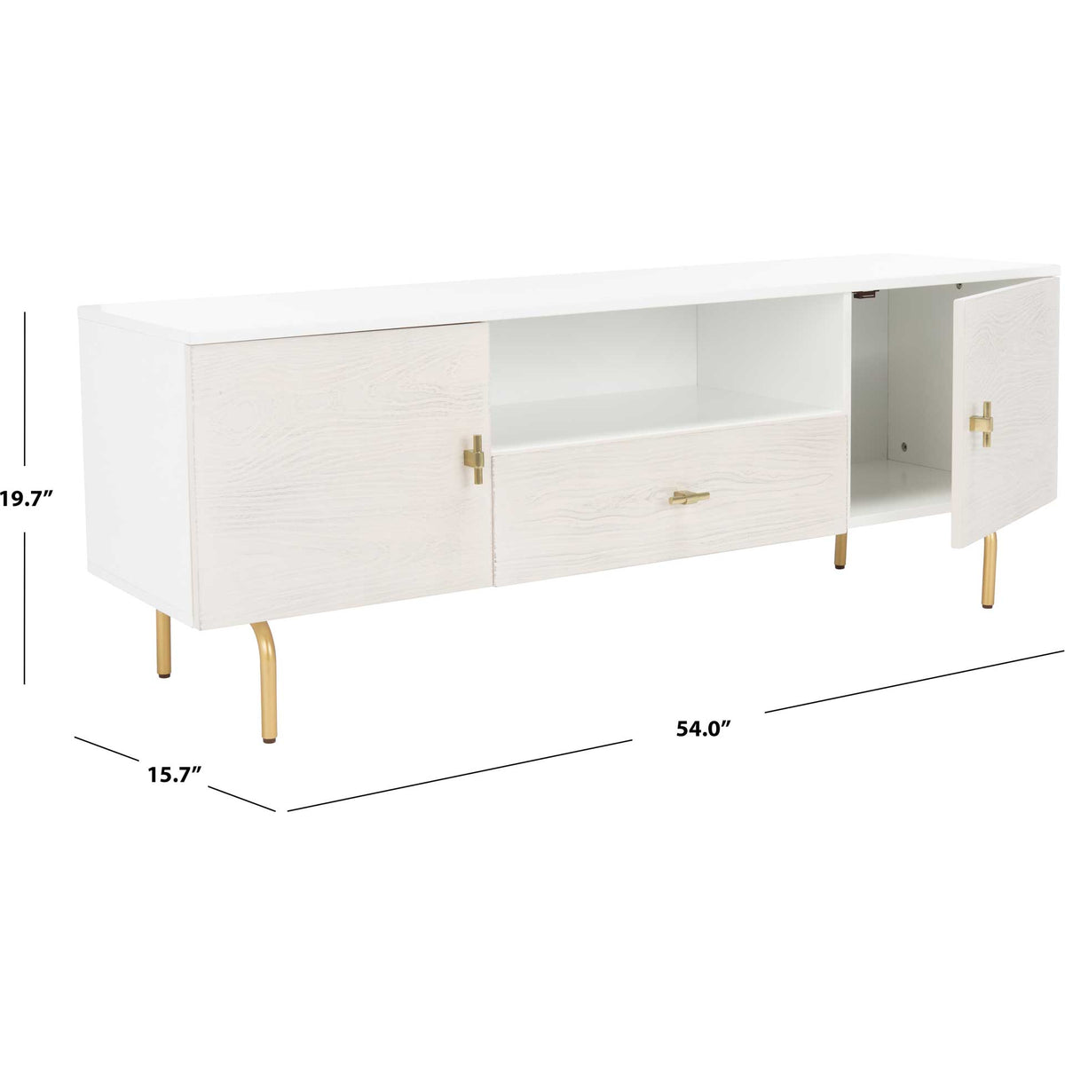 At 54 inches wide, the white media stand includes a drawer, open shelf, and two side cabinets.