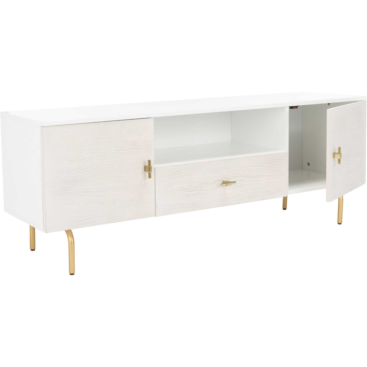 A whitewashed cabinet door opens to tucked-away storage beside an open center shelf and drawer.